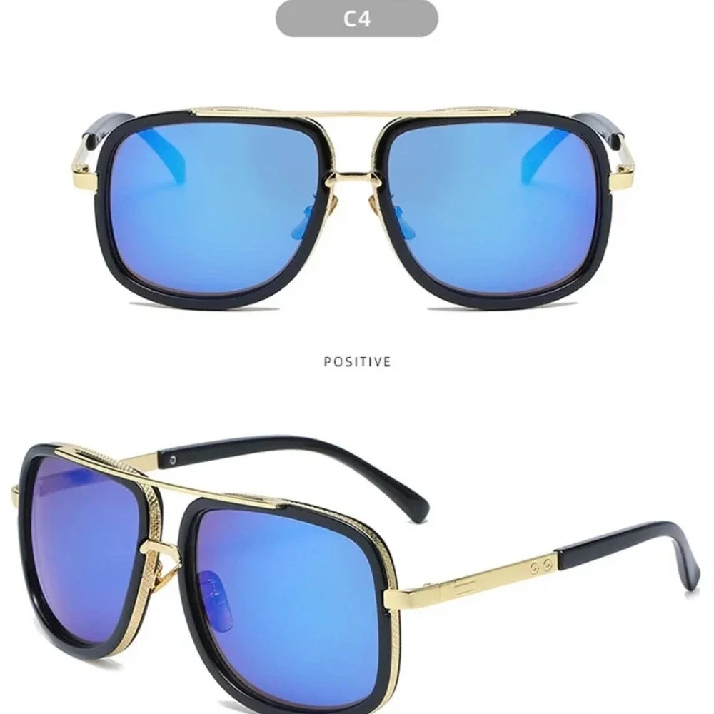 Aviator Sunglasses Square Frame Blue Lens Gold Accents Fashion Shades Lentes New